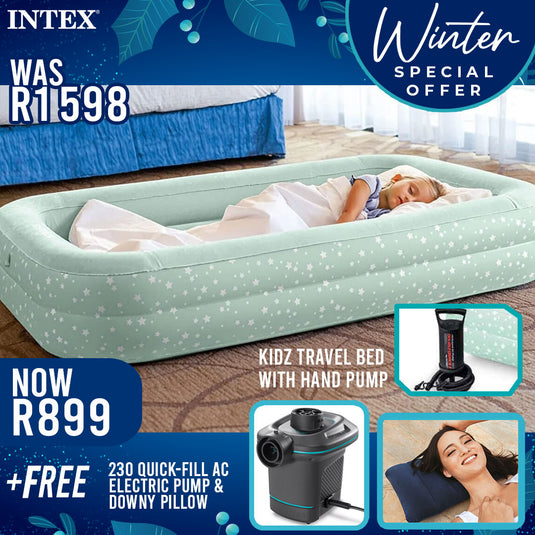 Intex Kidz Travel Bed WIth Hand Pump Plus Intex 230 Quick-Fill AC Electric Pump and Intex Downy Pillow Bundle